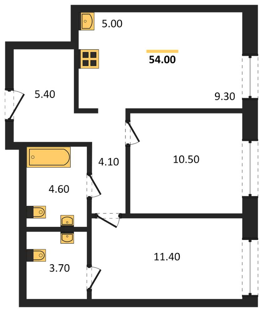 Планировка: 2-комн., 54 м²