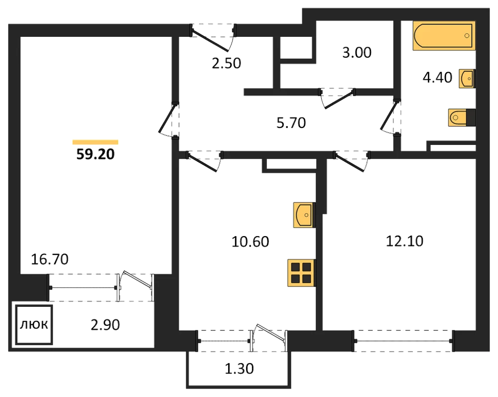Планировка: 2-комн., 59,2 м²