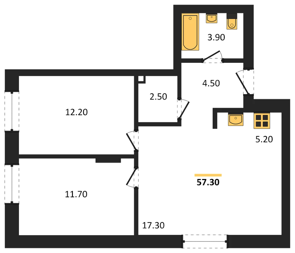 Планировка: 2-комн., 57,3 м²