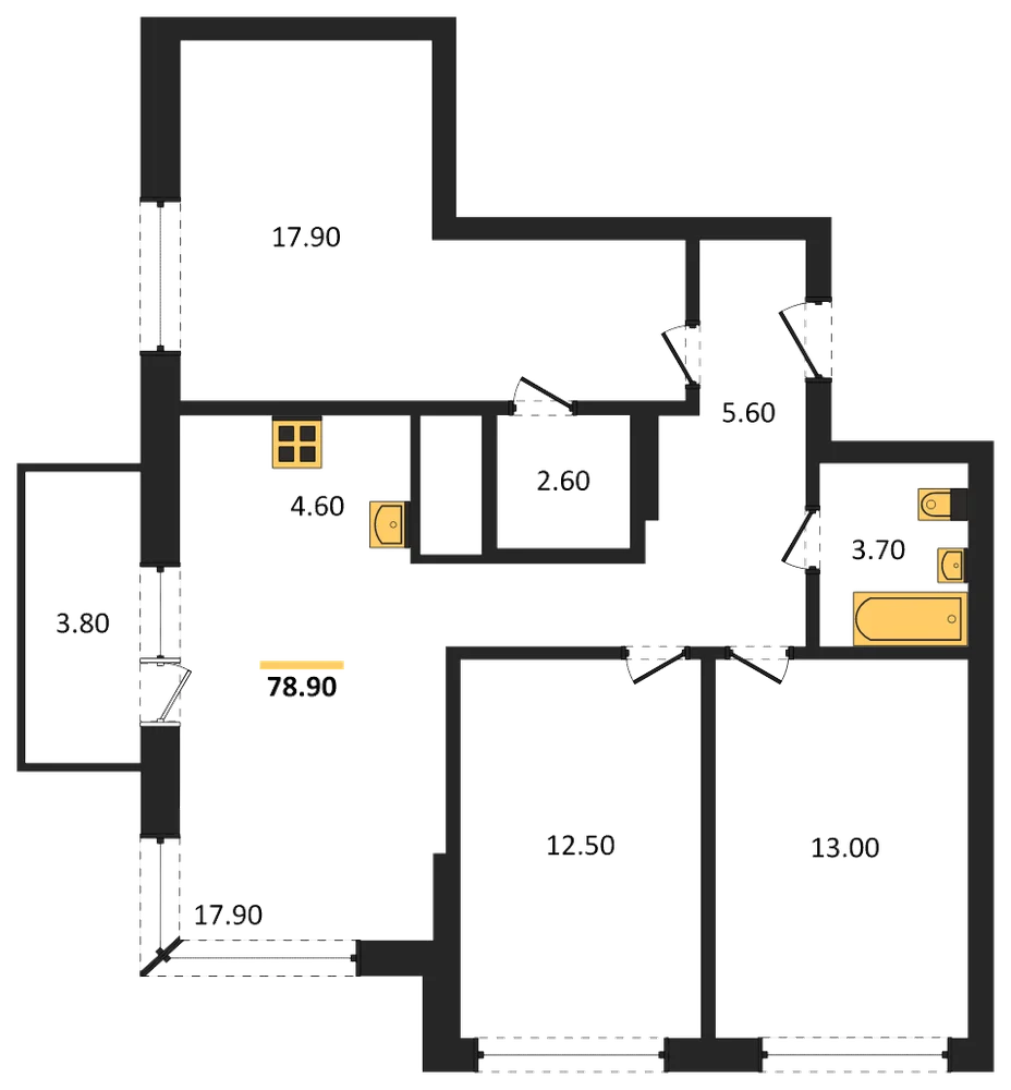 Планировка: 3-комн., 78,9 м²