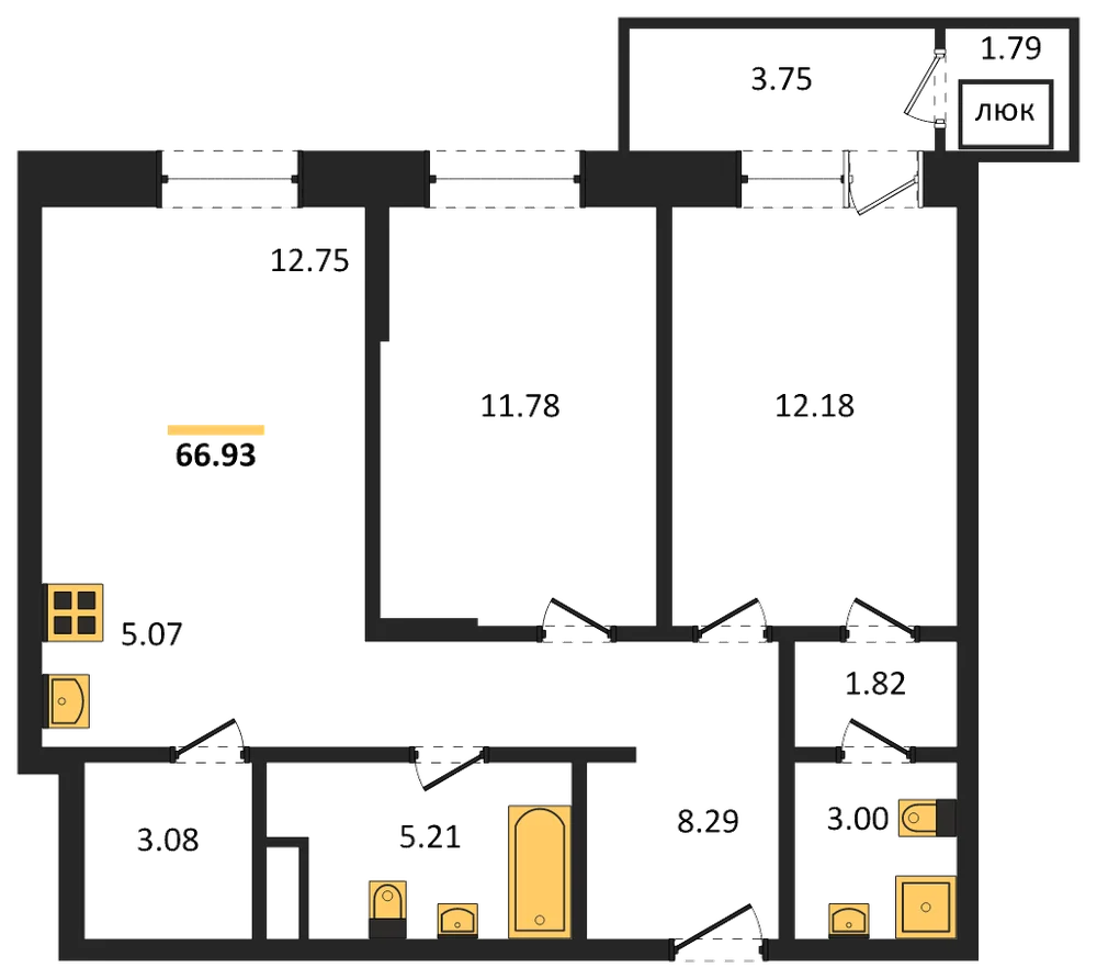 Планировка: 2-комн., 66,9 м²