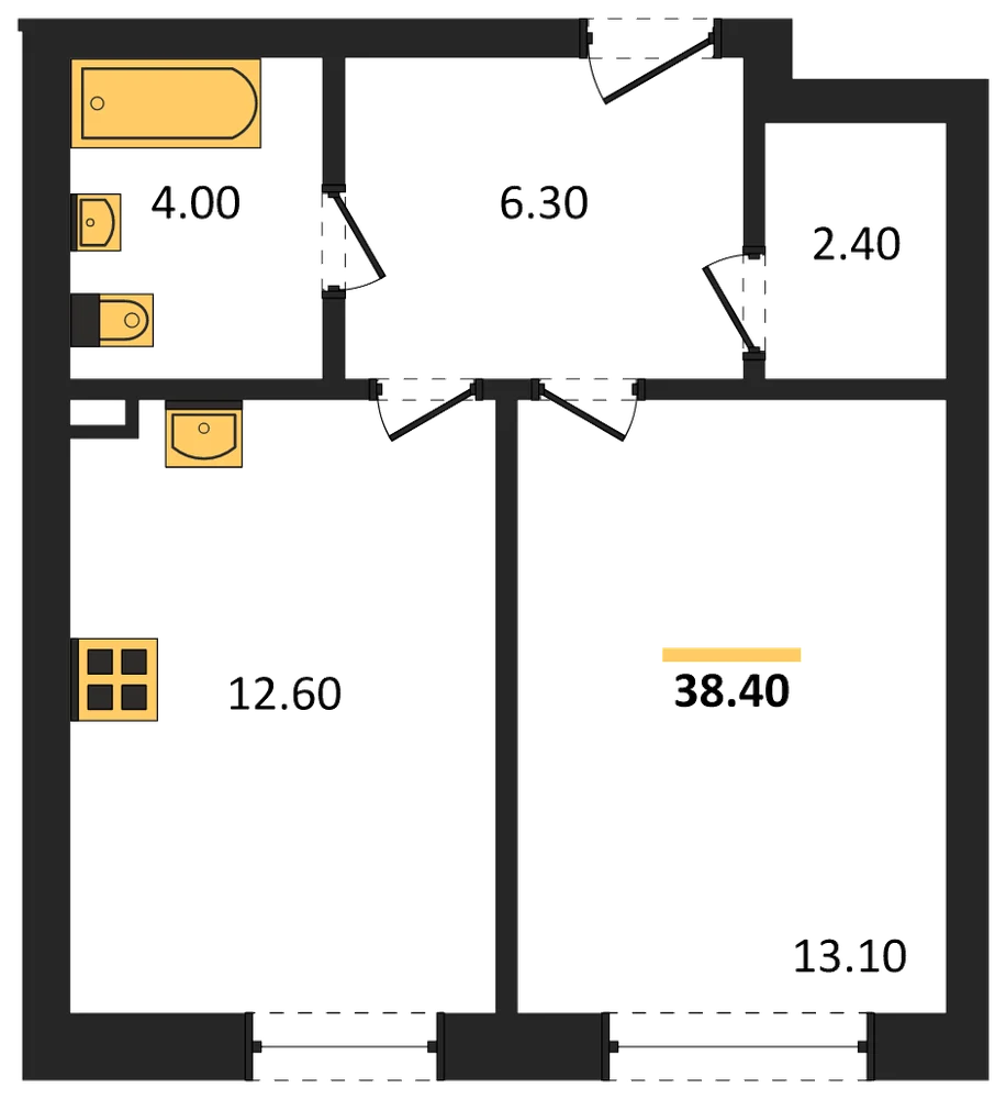 Планировка: 1-комн., 38,4 м²