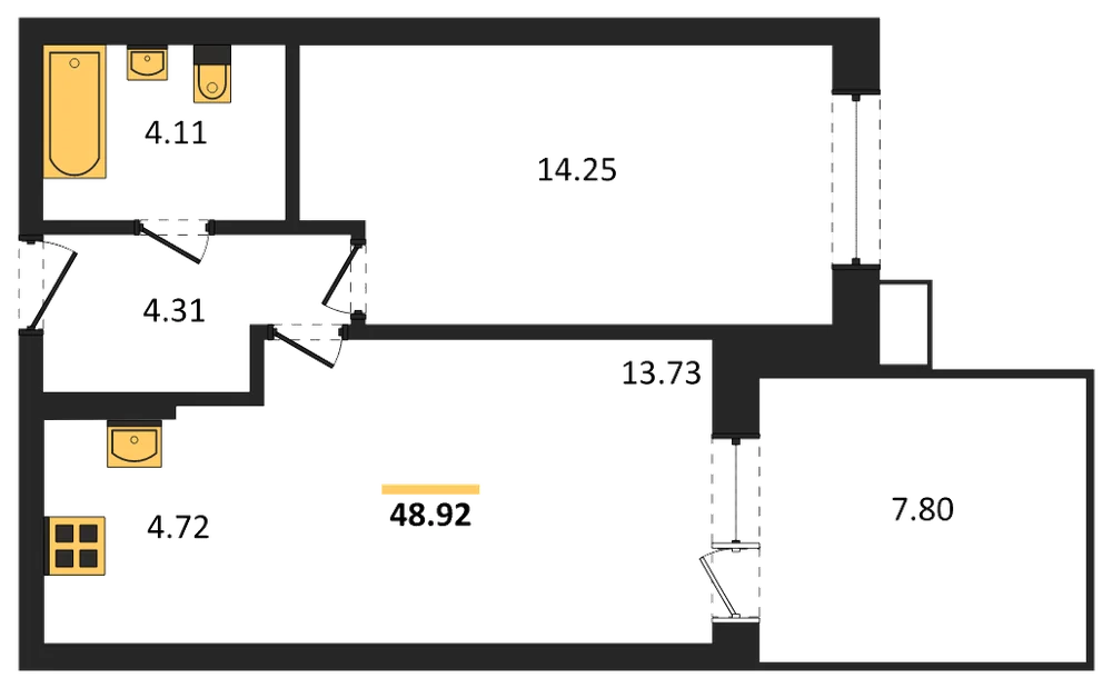 Планировка: 1-комн., 48,9 м²