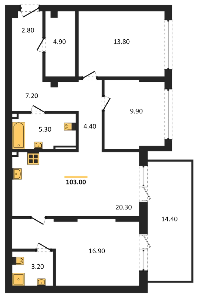 Планировка: 3-комн., 103 м²