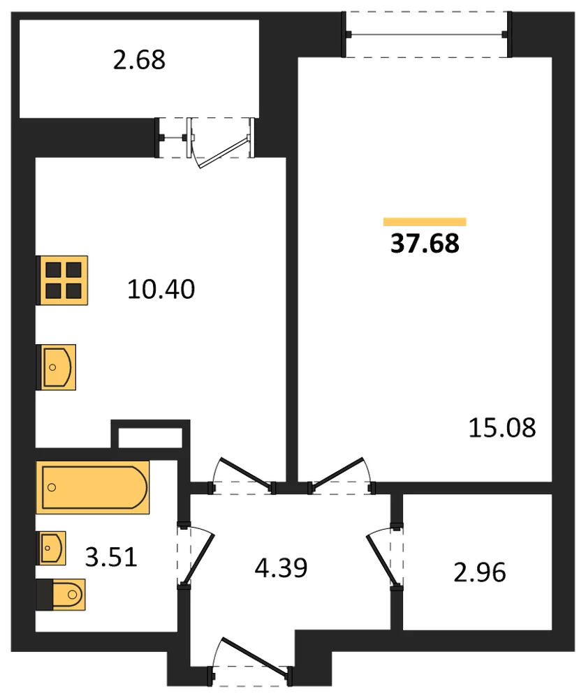 Планировка: 1-комн., 37,7 м²