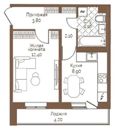 Планировка: 1-комн., 33,4 м²