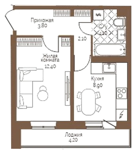 Планировка: 1-комн., 33,4 м²
