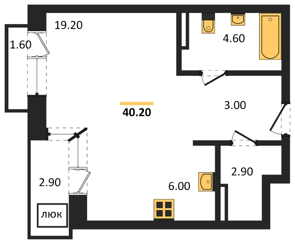 Планировка: Студия, 40,2 м²
