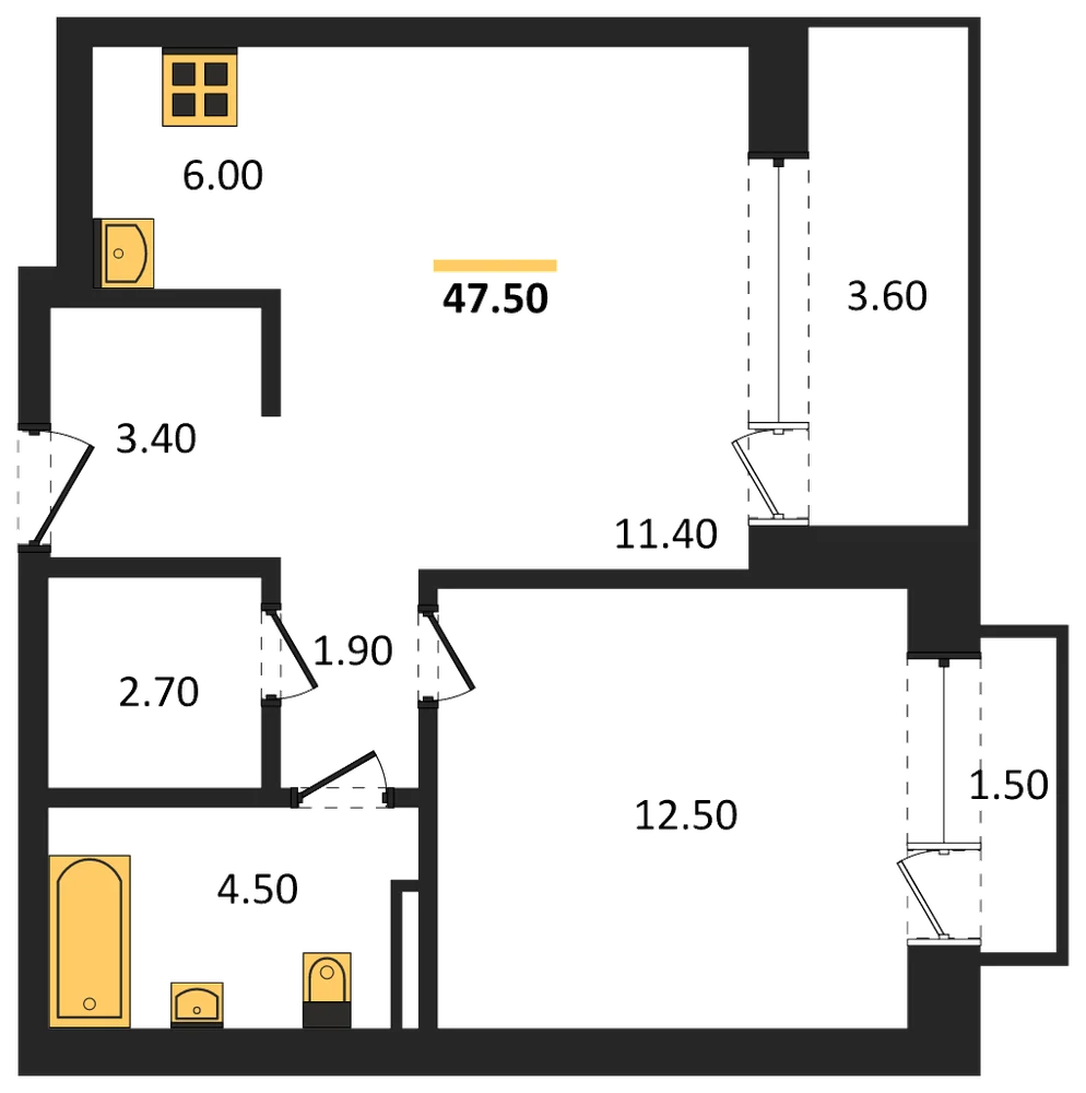 Планировка: 1-комн., 47,5 м²