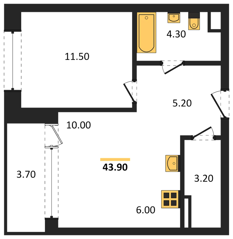Планировка: 1-комн., 43,9 м²