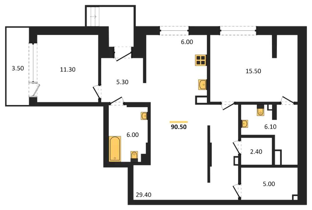 Планировка: 2-комн., 90,5 м²