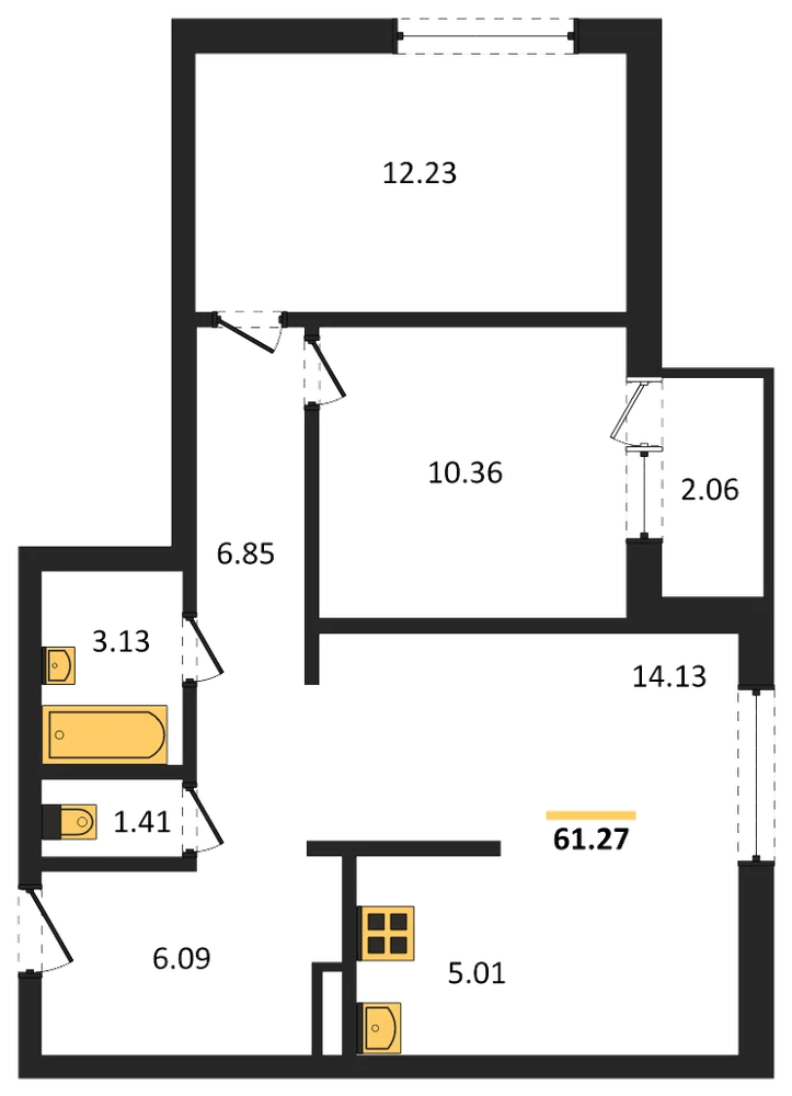 Планировка: 2-комн., 61,3 м²
