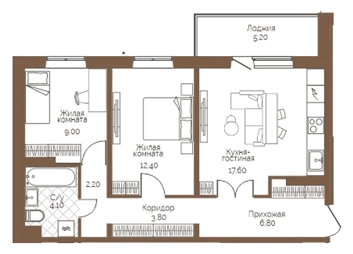 Планировка: 2-комн., 58,5 м²