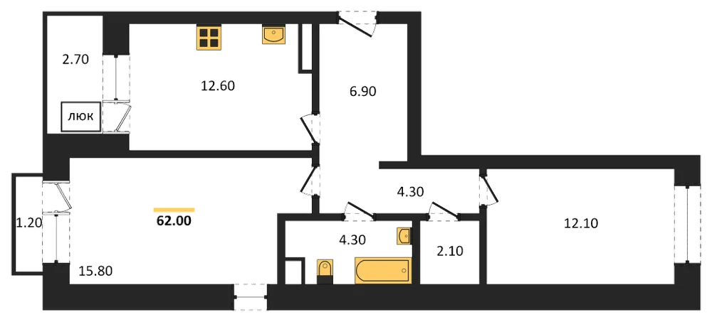 Планировка: 2-комн., 62 м²