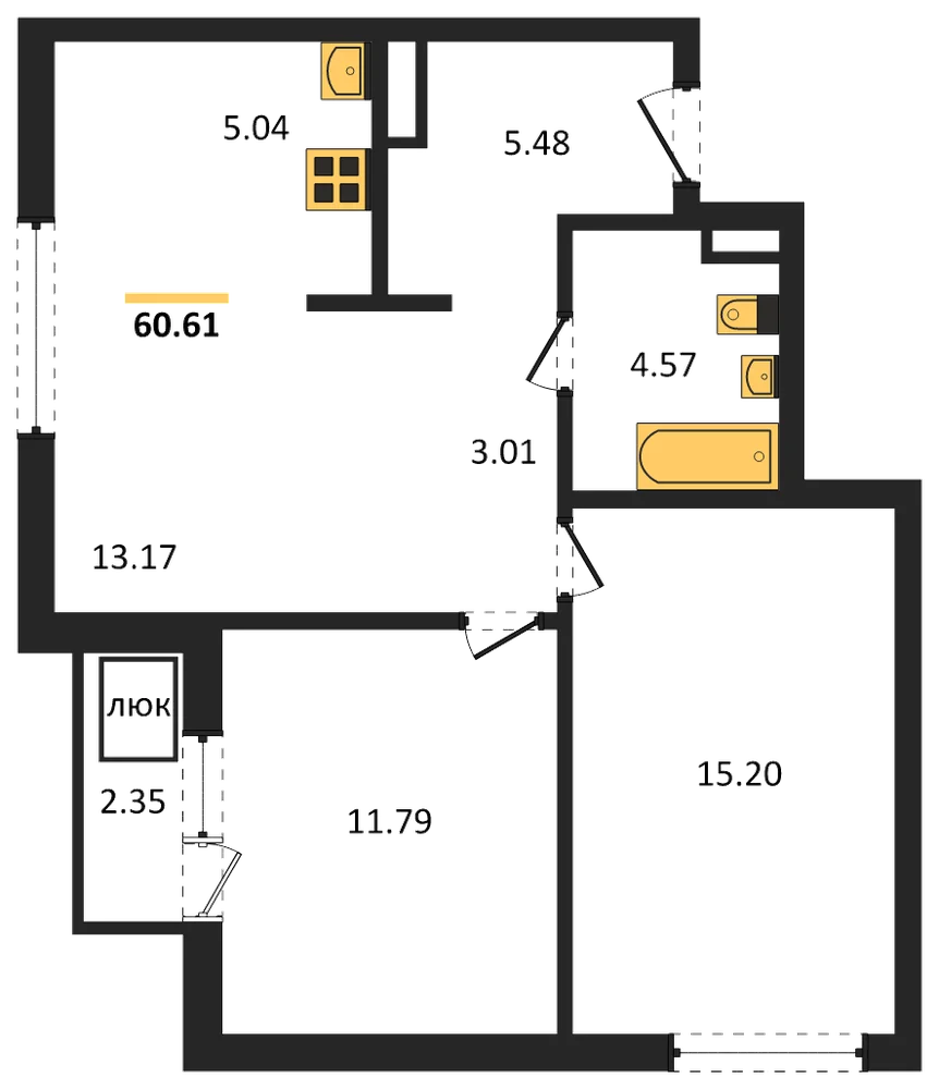 Планировка: 2-комн., 60,6 м²