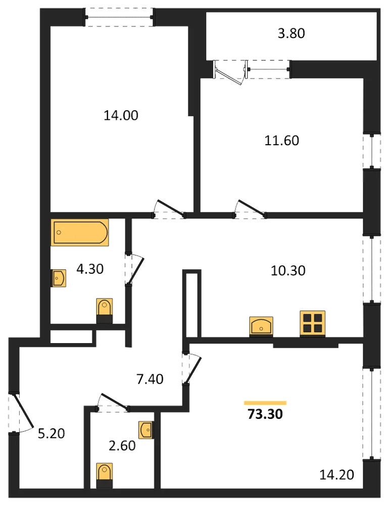 Планировка: 3-комн., 73,3 м²