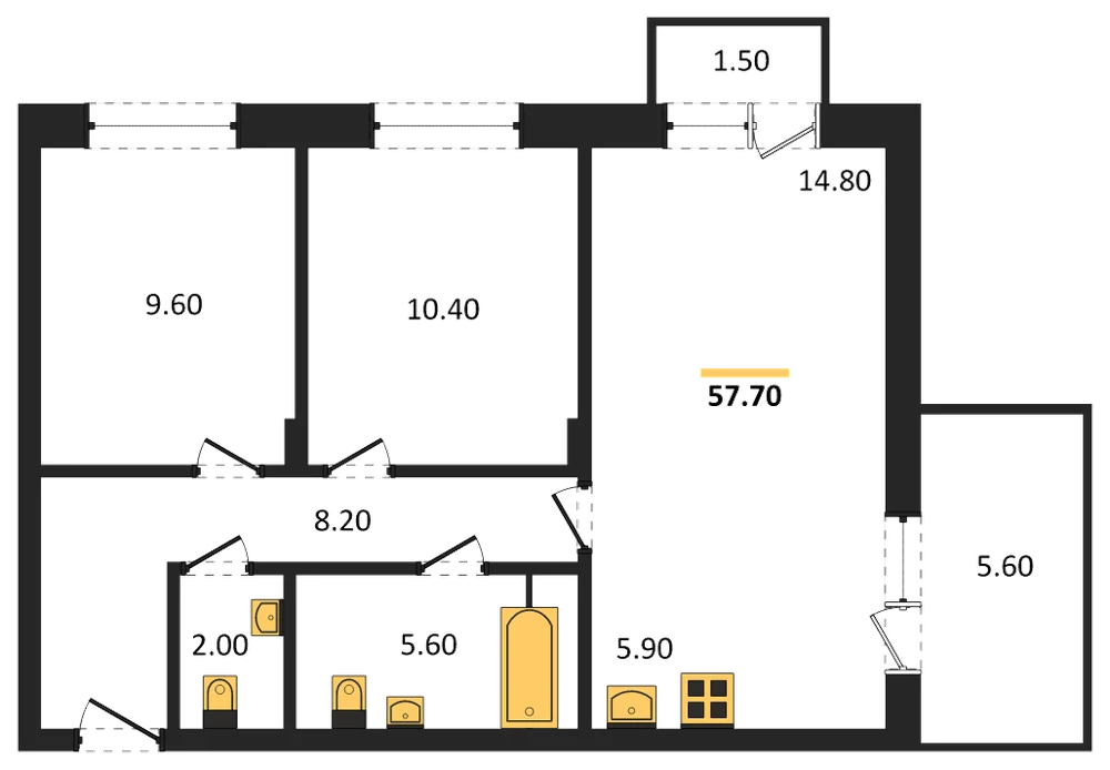Планировка: 2-комн., 57,7 м²