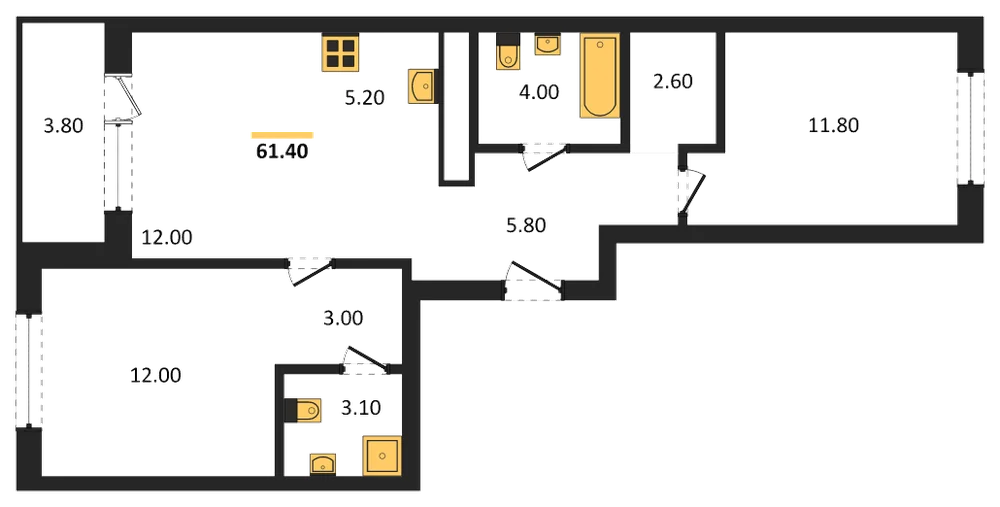 Планировка: 2-комн., 61,4 м²