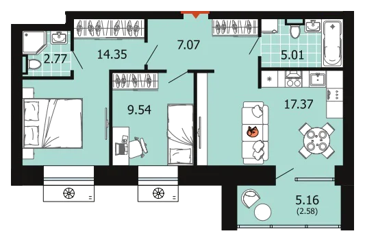 Планировка: 2-комн., 58,7 м²