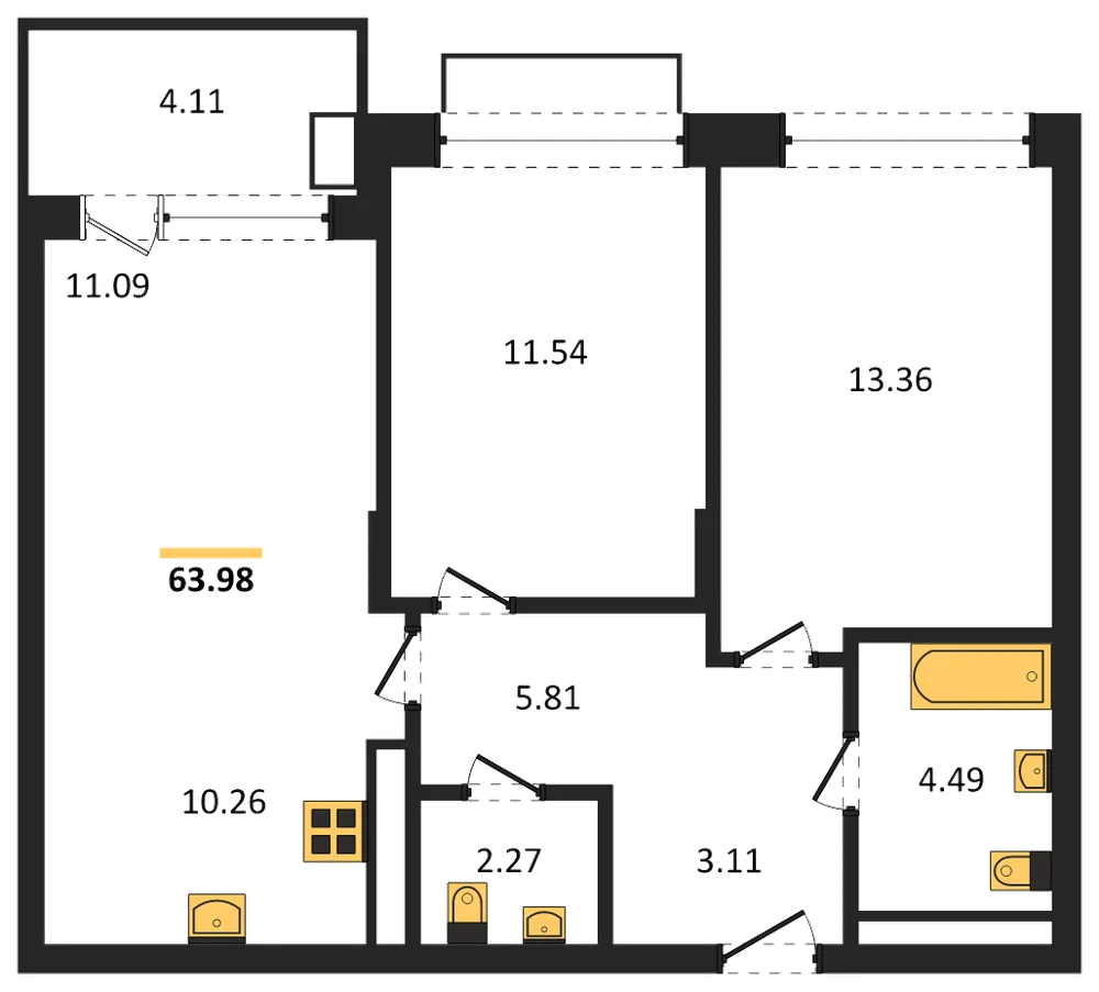 Планировка: 2-комн., 64 м²