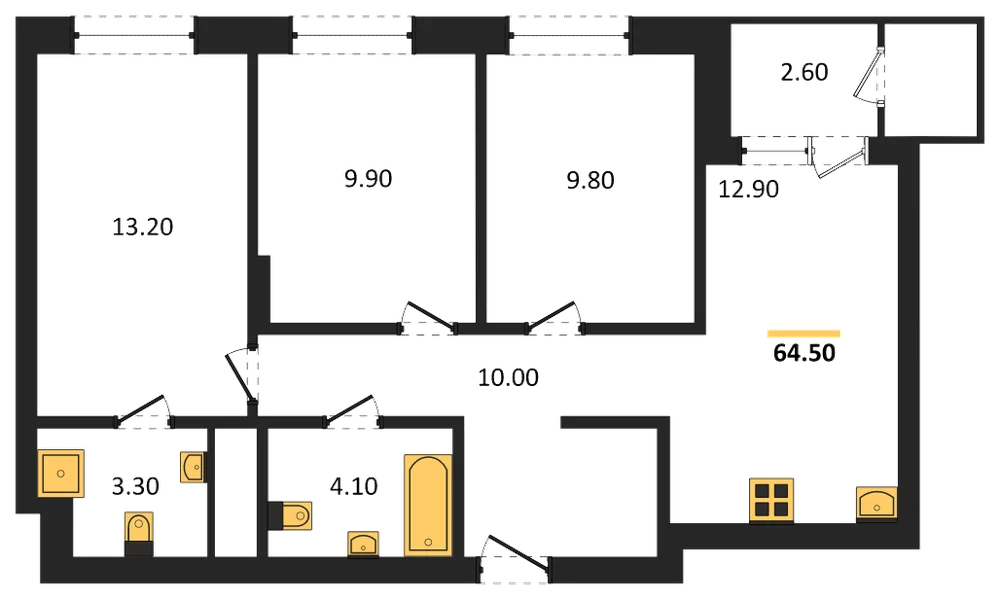 Планировка: 3-комн., 64,5 м²