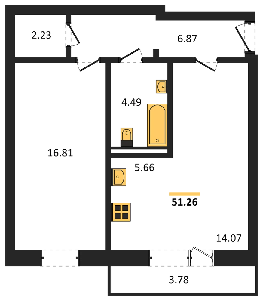 Планировка: 1-комн., 49,2 м²