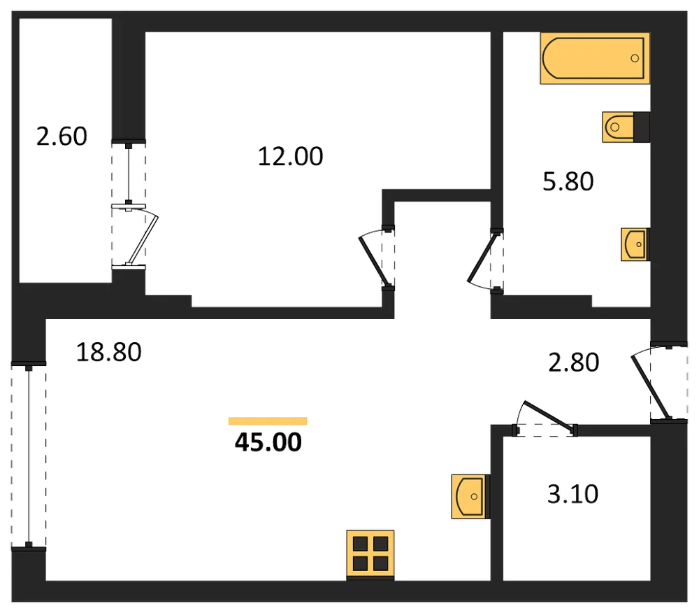 Планировка: 1-комн., 45 м²