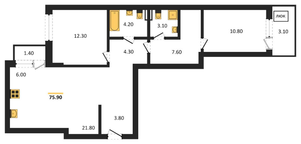 Планировка: 2-комн., 76 м²