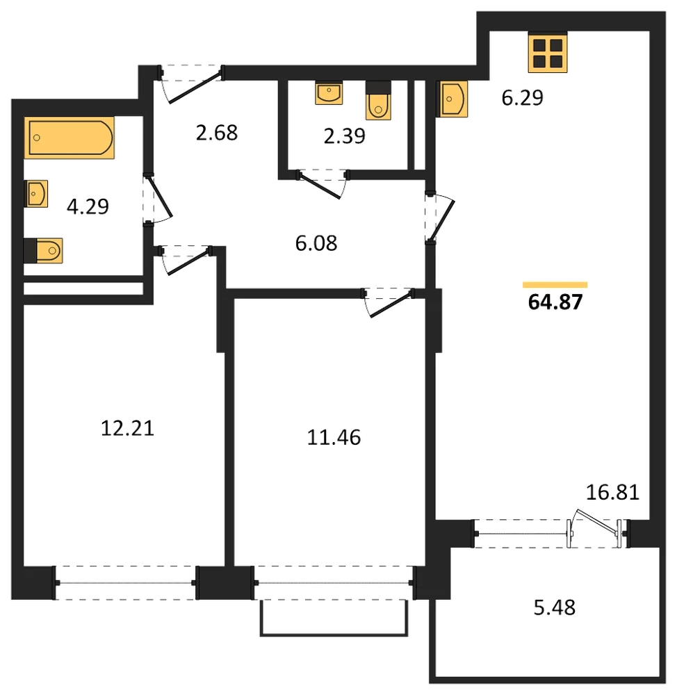 Планировка: 2-комн., 64,9 м²