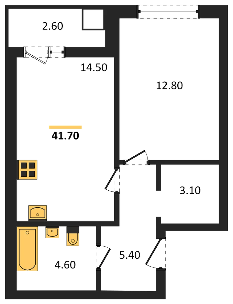 Планировка: 1-комн., 41,7 м²