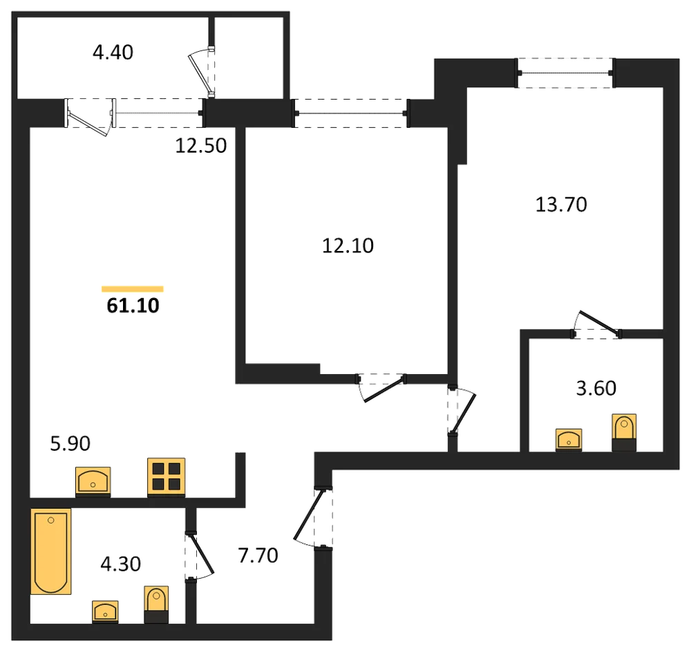 Планировка: 2-комн., 61,1 м²