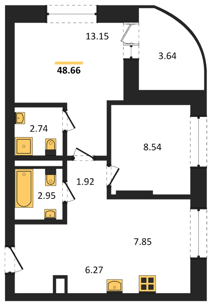 Планировка: 2-комн., 48,7 м²