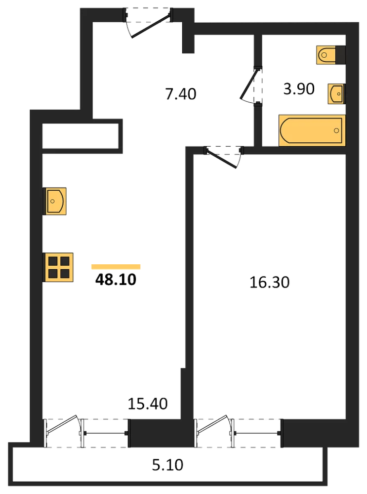Планировка: 1-комн., 44,5 м²