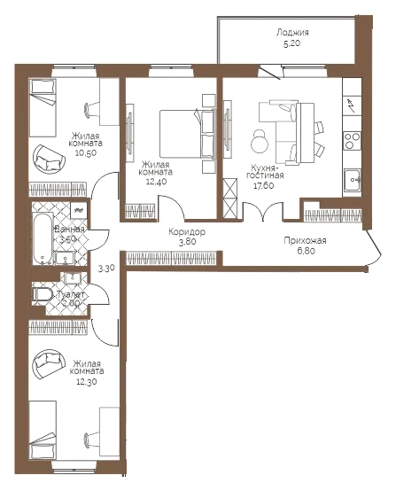 Планировка: 3-комн., 74,8 м²