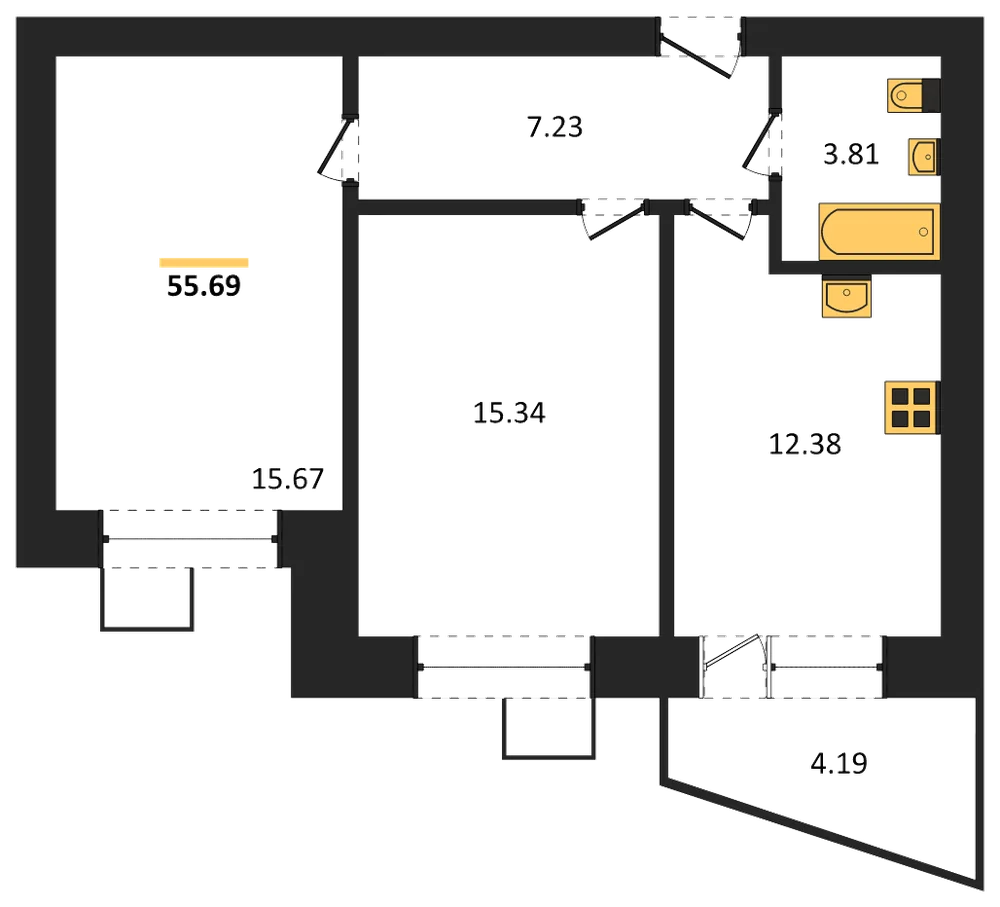 Планировка: 2-комн., 55,7 м²