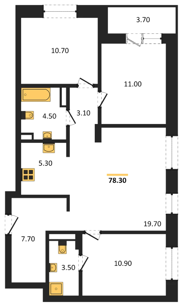 Планировка: 3-комн., 78,3 м²