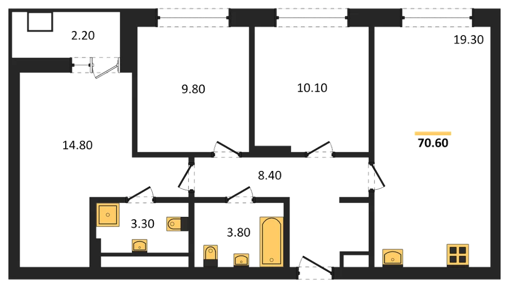 Планировка: 3-комн., 70,6 м²
