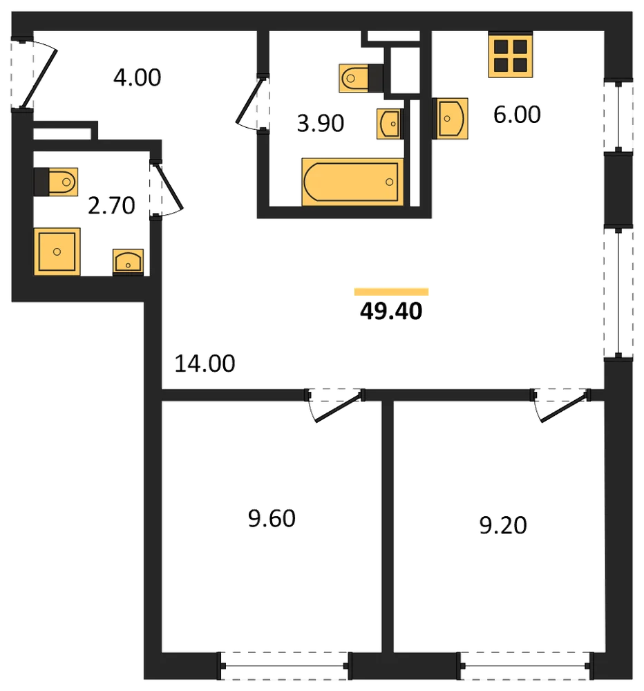 Планировка: 2-комн., 49,4 м²
