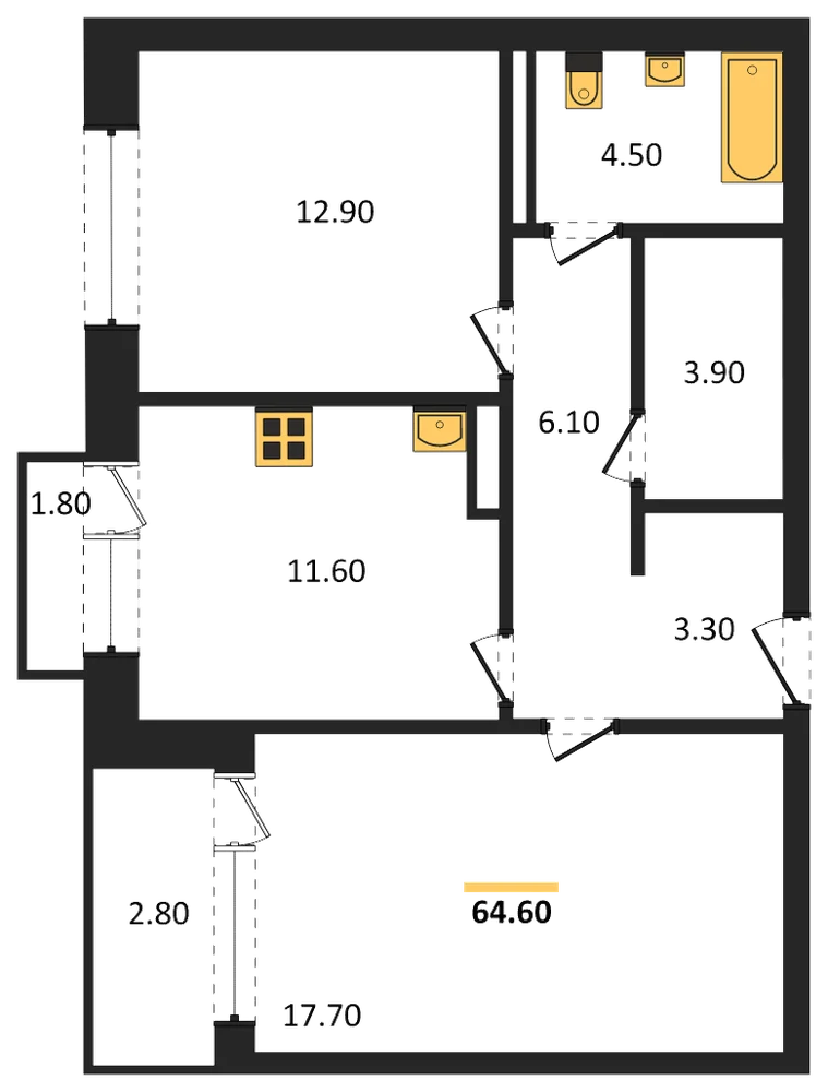 Планировка: 2-комн., 64,6 м²