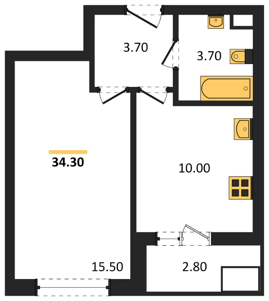 Планировка: 1-комн., 34,4 м²