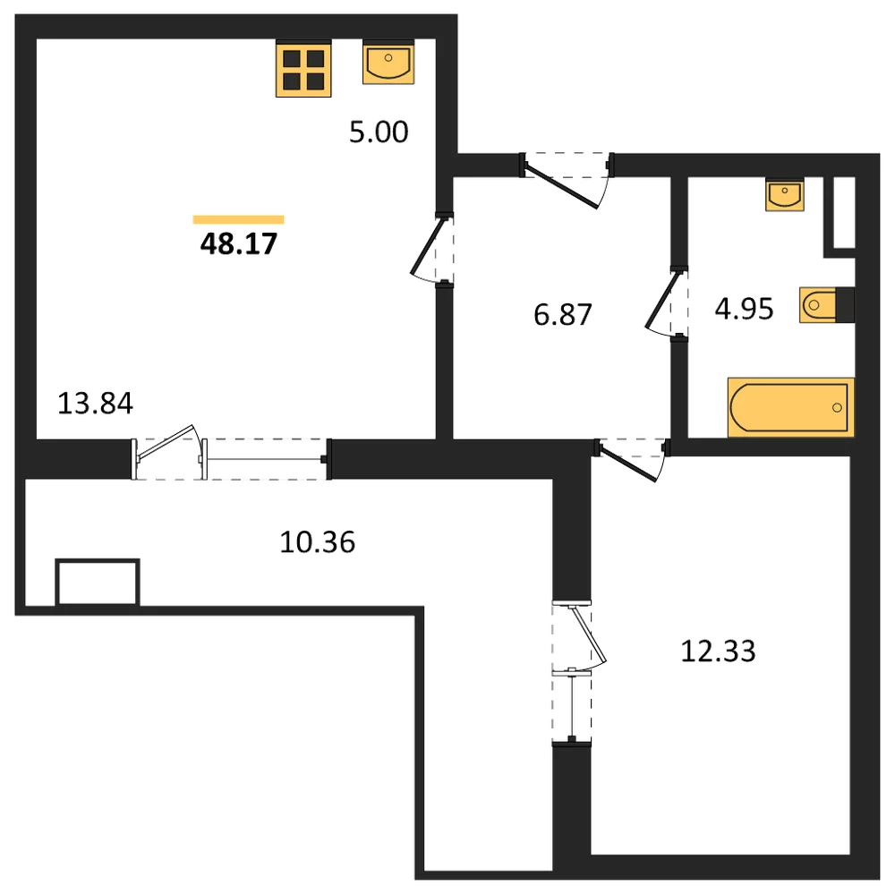 Планировка: 1-комн., 48,2 м²