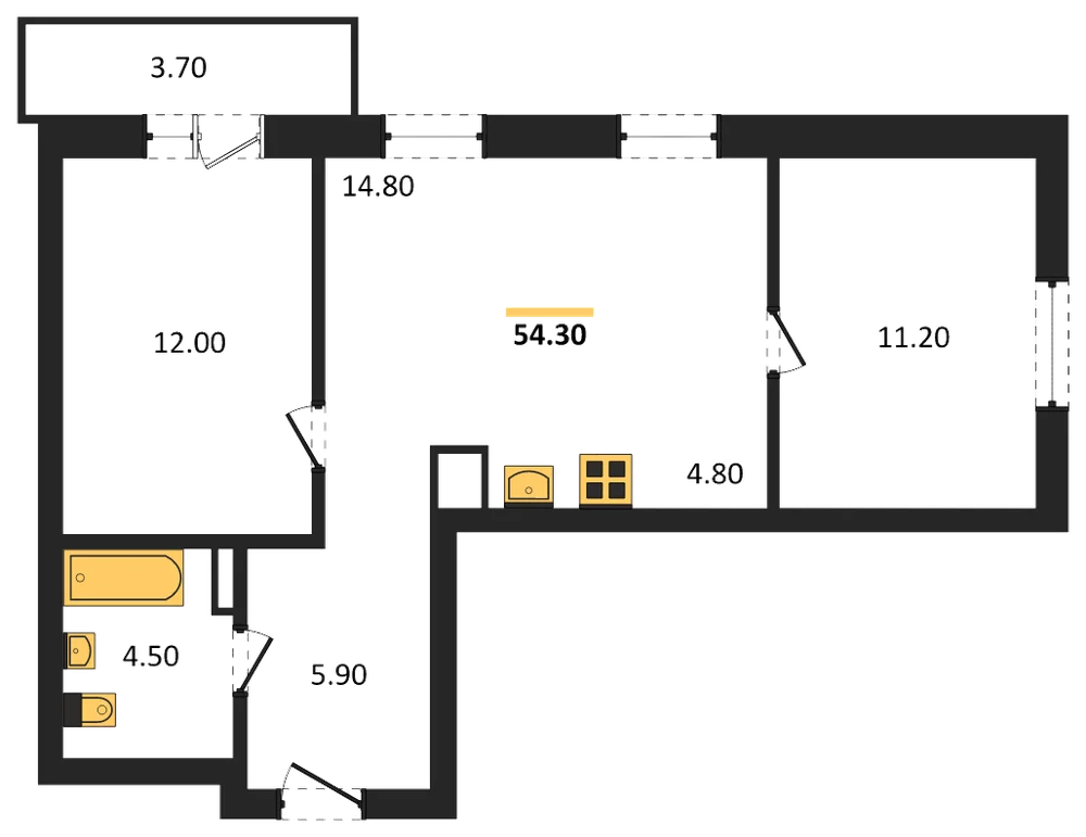 Планировка: 2-комн., 54,3 м²