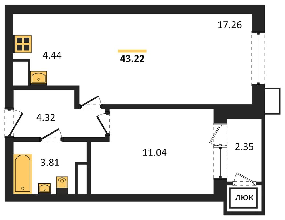 Планировка: 1-комн., 43,2 м²