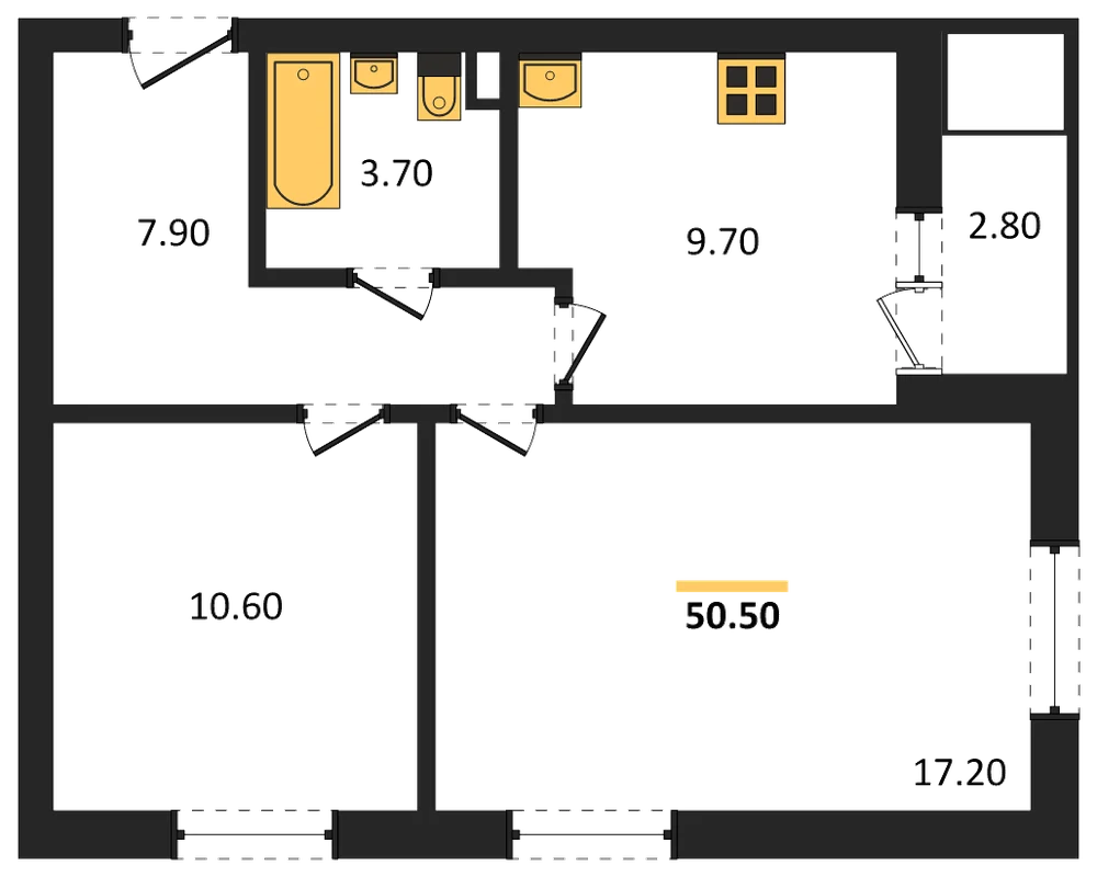 Планировка: 2-комн., 50,5 м²