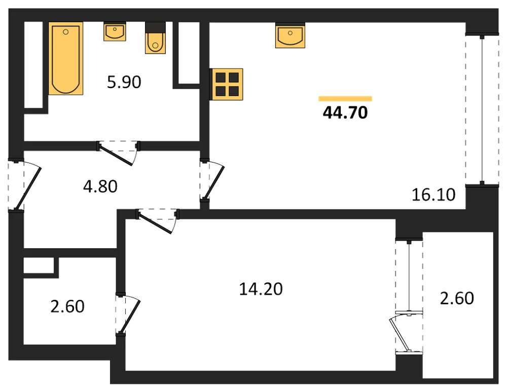 Планировка: 1-комн., 44,9 м²