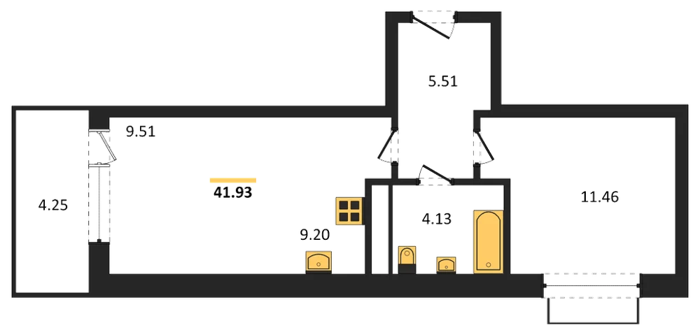 Планировка: 1-комн., 41,9 м²
