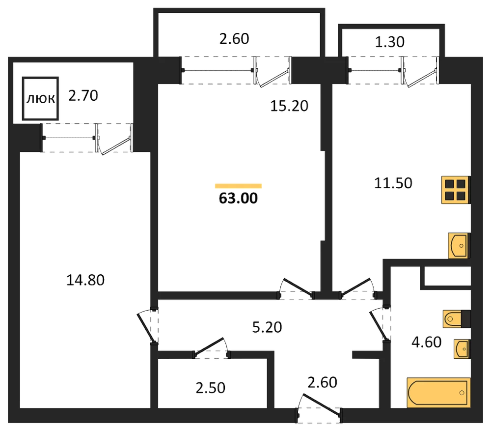 Планировка: 2-комн., 63 м²