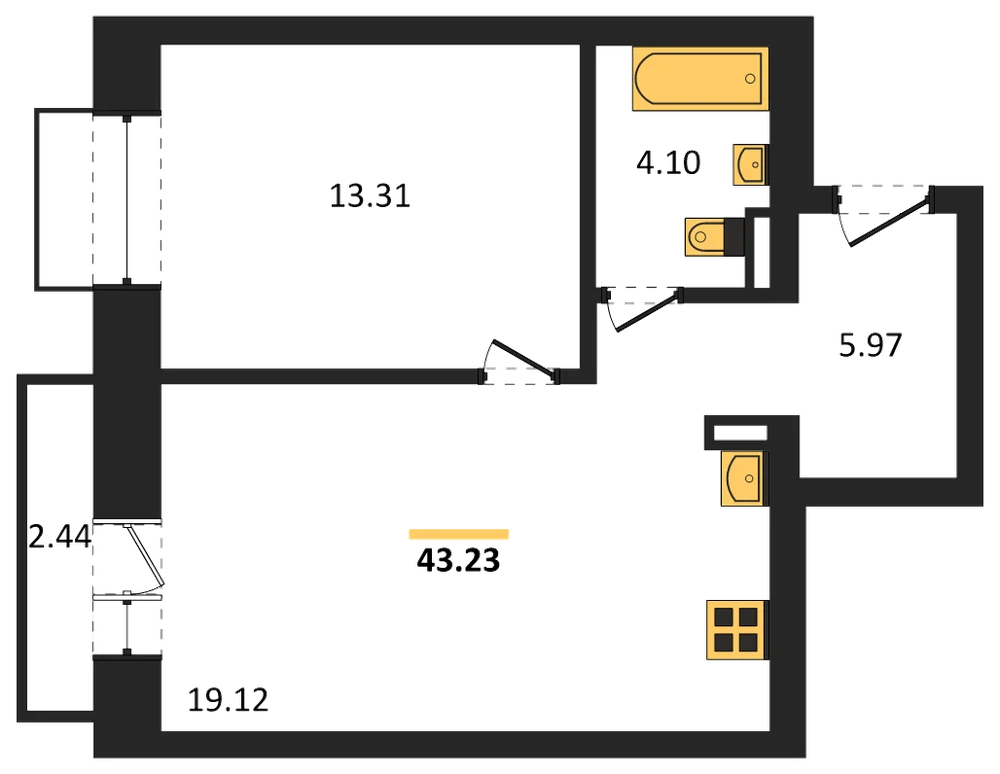 Планировка: 1-комн., 43,2 м²