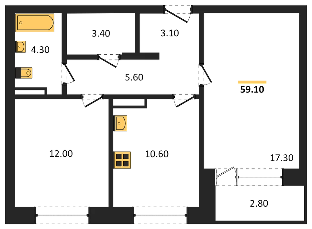 Планировка: 2-комн., 59,1 м²