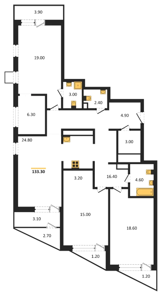 Планировка: 3-комн., 133,3 м²